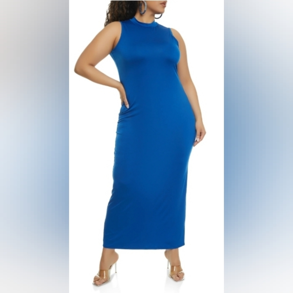 NWT Blue Sleeveless Mock Neck Maxi Dress | Plus Size 3X | Stretch Bodycon